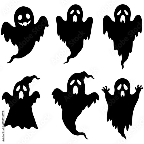 Set of black Halloween ghost silhouette icons