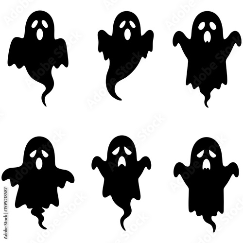 Set of black Halloween ghost silhouette icons