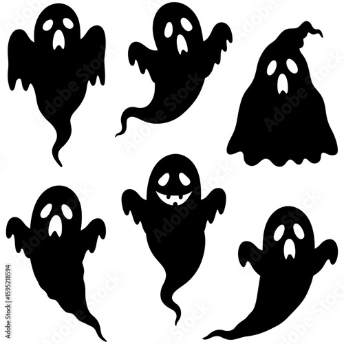 Set of black Halloween ghost silhouette icons