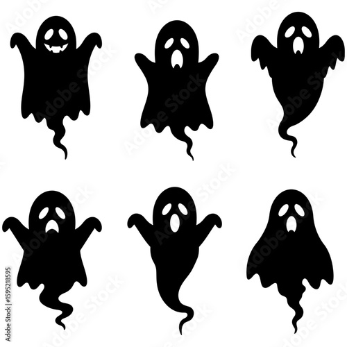 Set of black Halloween ghost silhouette icons