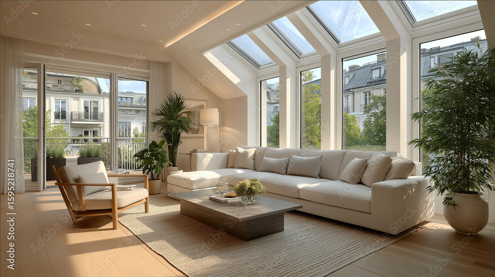Fototapeta premium Luxury Living Room: A sun-drenched modern living space, bathed in natural light streaming through expansive windows, showcasing an elegant interior design with inviting comfort and refined aesthetics.