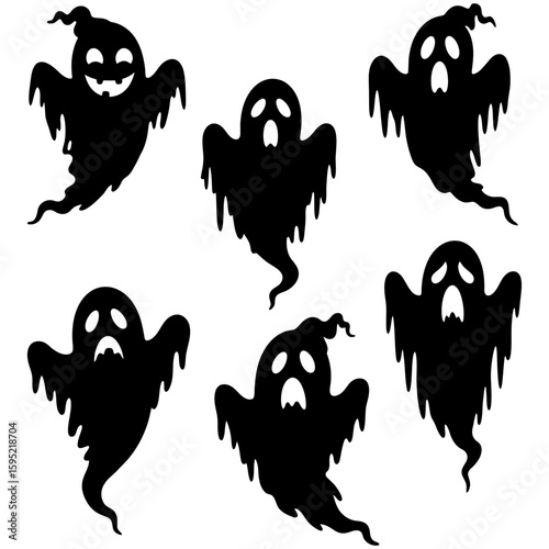 Set of black Halloween ghost silhouette icons