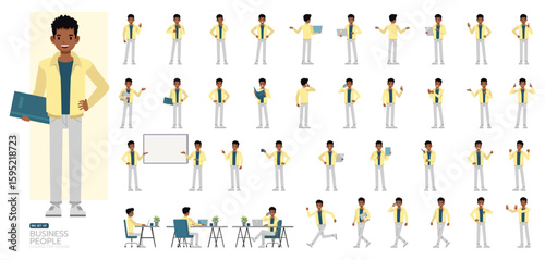Big Set of Man wearing cream jacket character vector design. People working in office planning, thinking and economic analysis. Presentation in various action.