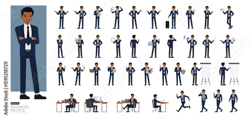 Big Set of Businessman in Blue Suit character vector design. People working in office planning, thinking and economic analysis. Presentation in various action.