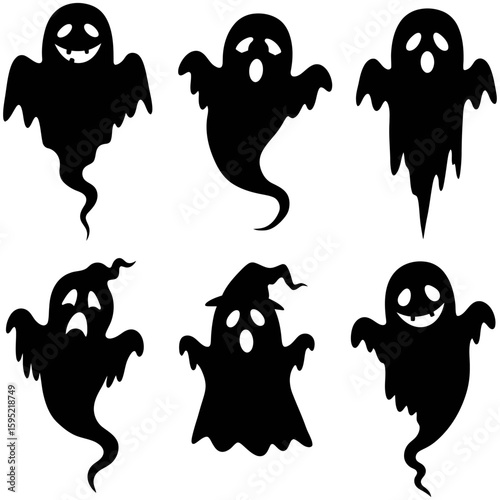 Set of black Halloween ghost silhouette icons