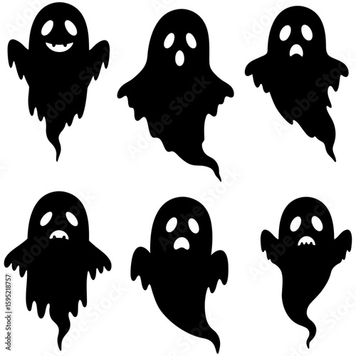 Set of black Halloween ghost silhouette icons