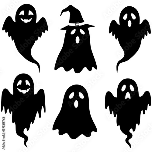 Set of black Halloween ghost silhouette icons