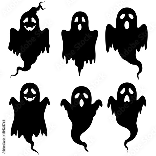 Set of black Halloween ghost silhouette icons