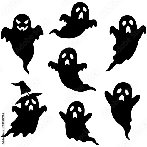 Set of black Halloween ghost silhouette icons