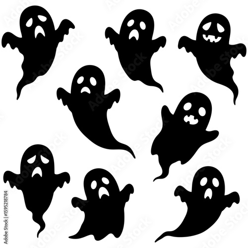 Set of black Halloween ghost silhouette icons