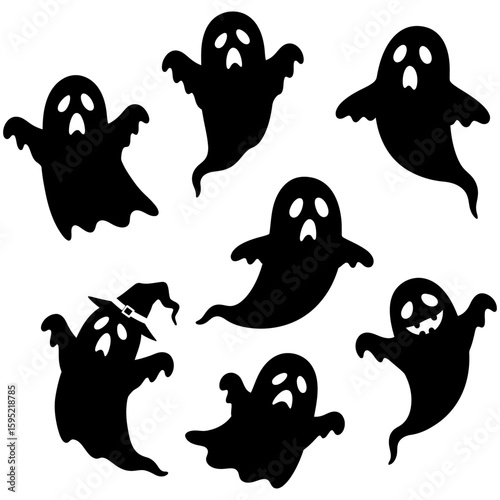 Set of black Halloween ghost silhouette icons