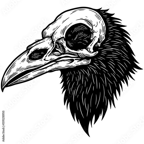 Vintage Vector Illustration of Raven with Exposed Skull – Gothic Bird Art"