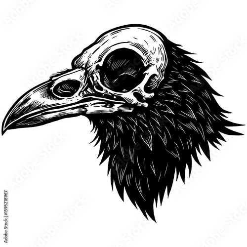 Vintage Vector Illustration of Raven with Exposed Skull – Gothic Bird Art"