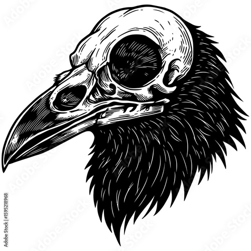 Vintage Vector Illustration of Raven with Exposed Skull – Gothic Bird Art"