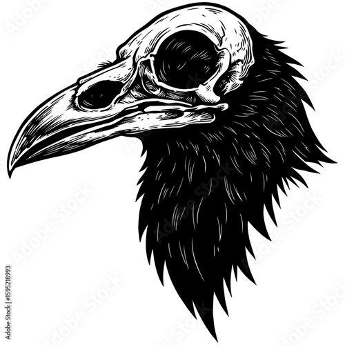 Vintage Vector Illustration of Raven with Exposed Skull – Gothic Bird Art"