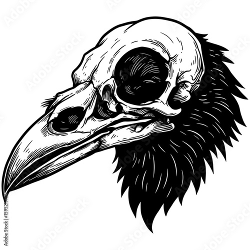 Vintage Vector Illustration of Raven with Exposed Skull – Gothic Bird Art"