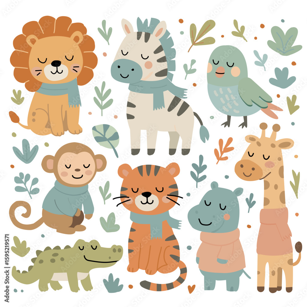 Naklejka premium Cute jungle animals in scarves – lion, zebra, parrot, monkey, tiger, crocodile, hippo, giraffe – cartoon vector set for kids, winter design, nursery decor