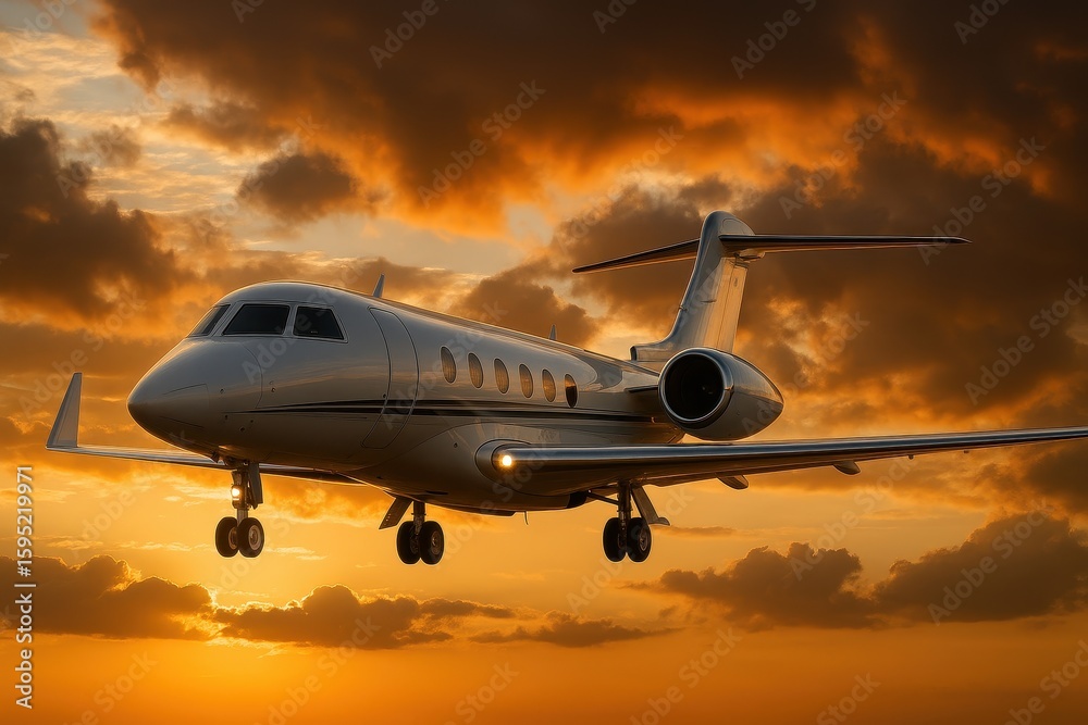 Obraz premium Sleek luxury business jet aircraft cruising above stunning golden sunset clouds with premium aviation and travel lifestyle