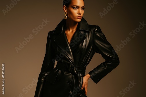 Sophisticated black and white fashion portrait of model wearing designer leather jacket in editorial magazine photography style