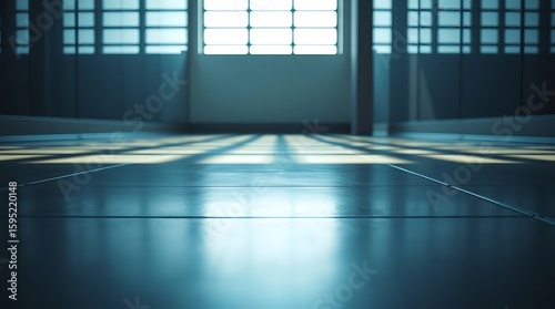 Minimalist interior with sunlight shining through windows casting shadows on floor