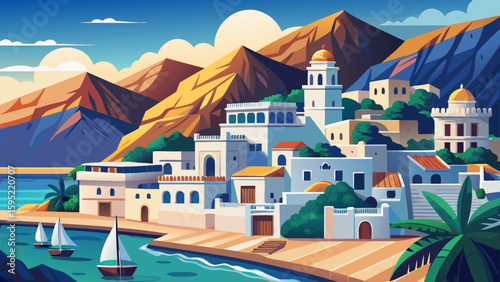 Muscat, Oman – Whitewashed buildings and mountain backdrops meet the sea, crafting a calm and traditional vector experience.
