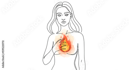 Human soul as a small bright flame inside the body, concept of soul immortality — one line doodle drawing with watercolor fill, minimalistic vector illustration on white

