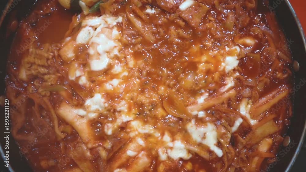 A delicious bowl of spicy korean tteokbokki with melted cheese A delicious bowl of spicy korean tteokbokki with melted cheese