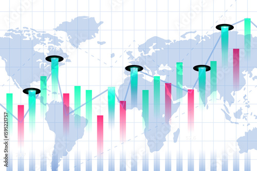 Global Market Growth Trends: Dynamic Visual Representation of Economic Performance. A visually engaging stock chart showcasing global economic performance, with colored bar graphs.