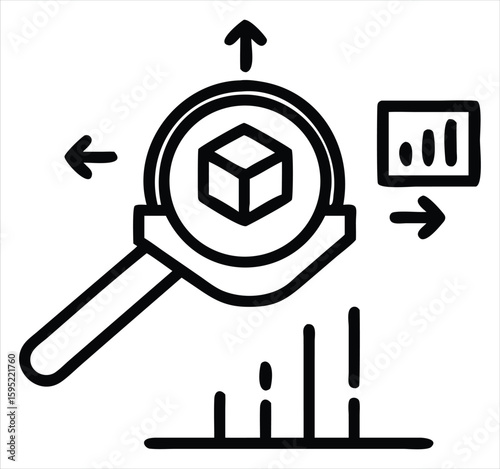 Magnifying glass inspecting cube with upward arrows and data analytics chart symbolizing business growth and market research. ideal for use in corporate presentations, startup pitch decks, business 