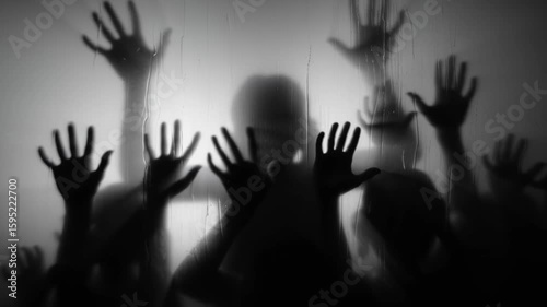 Silhouette of halloween zombie or ghost hands reaching out behind frosted glass