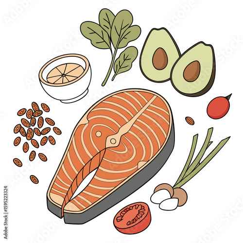 Healthy Food with Salmon, Avocado, and Greens – Omega 3 Diet Illustration