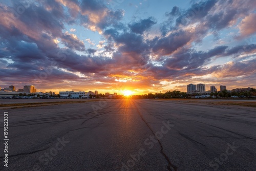 Dramatic sunset over a city skyline with vibrant clouds and a vast empty parking lot in the foreground