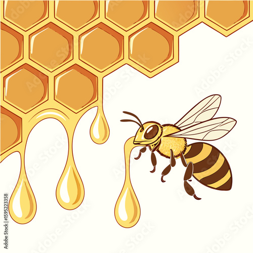 Honey Bee and Honeycomb Illustration – Dripping Honey and Beekeeping Concept