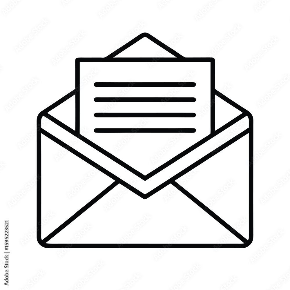 “Open mail outline icon, isolated on white background.” “Open mail outline icon, isolated on white background.”