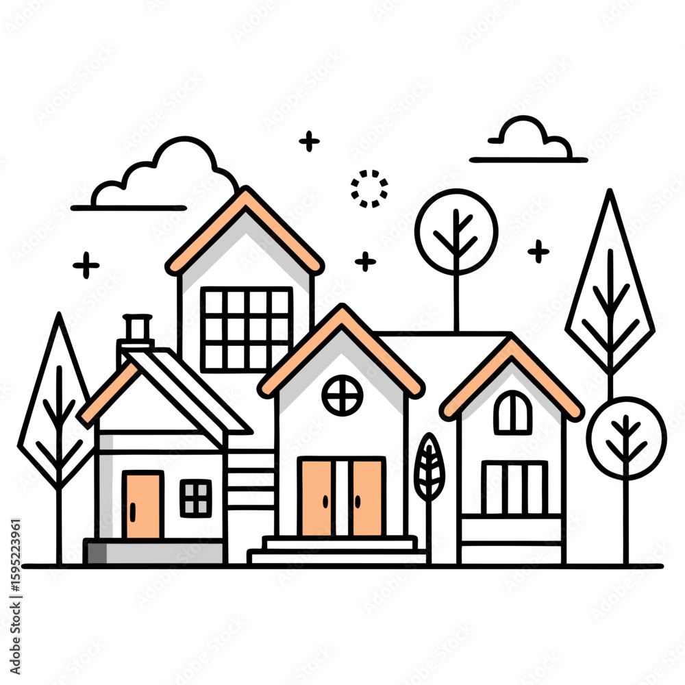 Fototapeta premium Stylized line art illustration of a row of houses and trees