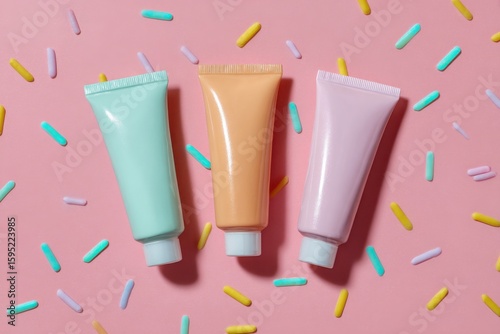 Three pastel colored cosmetic tubes for skincare or makeup arranged on a pink background with confetti