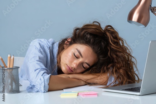 Young woman sleeping at her desk with a laptop in front of her feeling exhausted