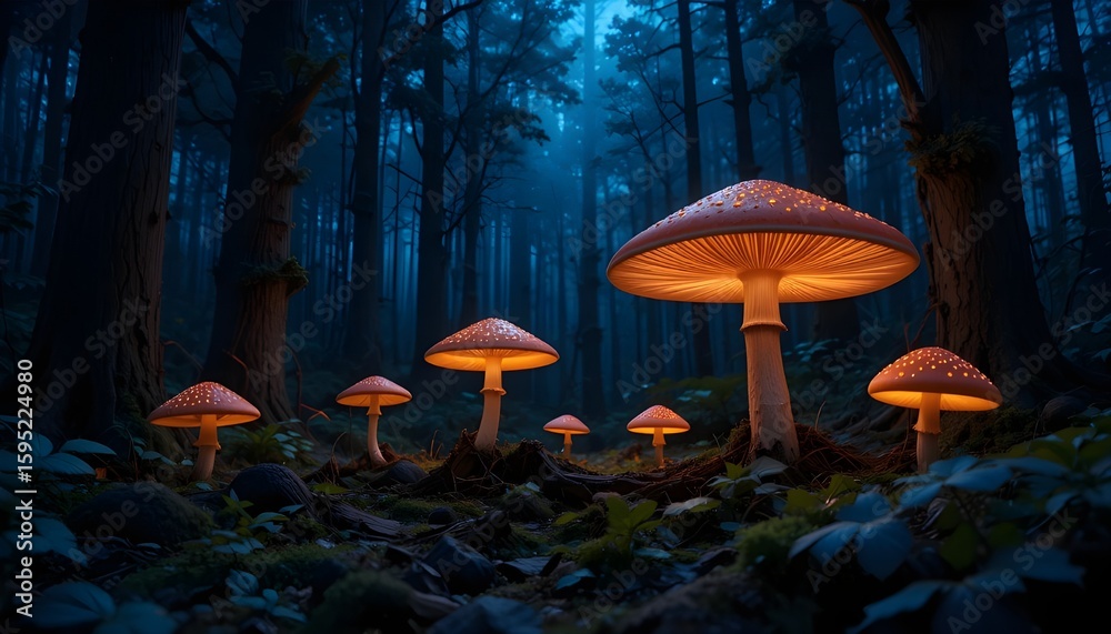 Fototapeta premium Nighttime Glowing Mushrooms in a Dark Forest