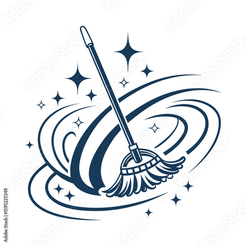 Flat Vector Logo of Cleaning Services with Crossed Brooms and Sparkling Elements .