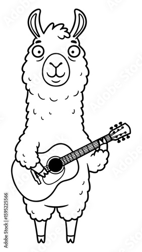 A Cartoon Llama Playing an Acoustic Guitar Illustration in Black and White