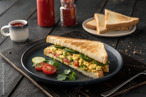 Spicy Desi Egg Sandwich with Green Chutney and Cutting Chai on Black Table