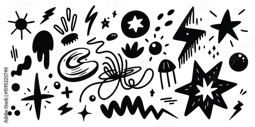 Abstract Doodle Collection: A compilation of hand-drawn abstract doodles, evoking a playful mix of dynamic energy and whimsical design elements, perfect for creative projects.