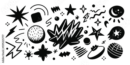 Cosmic Burst: Dynamic line art of celestial shapes create a black and white visual narrative of interstellar wonders, ideal for design and decoration.