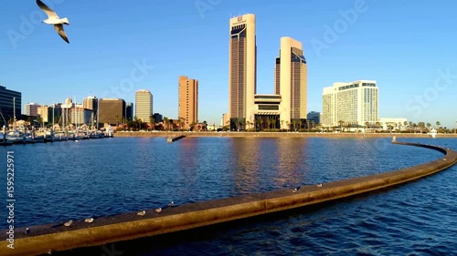 The corpus christi skyline is reflected in the bay waters