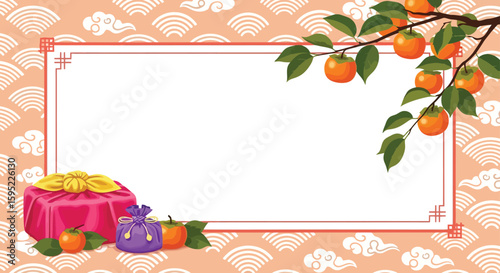 Korean gift with wrapped box and persimmon branch adorn the frame elegantly