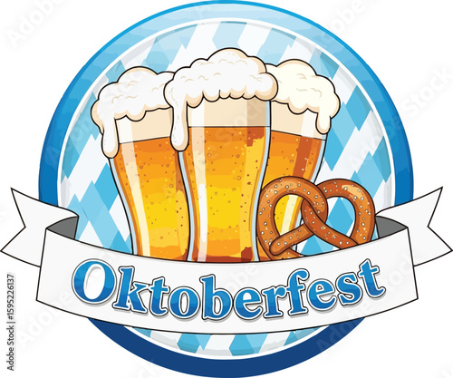 Festive Oktoberfest celebration features three beers, a pretzel and banner over blue plaid