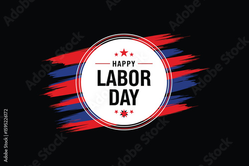Happy Labor Day text displayed within circular badge amid red and blue accents