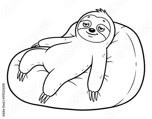 Cartoon Outline of a Relaxed Sloth on a Beanbag