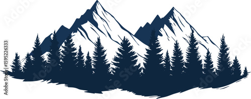 Two snowy mountains peek through a dark evergreen forest in a landscape silhouette