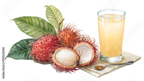 A watercolor collection of rambutan fruit and a red rambutan branch isolated on white background PNG. AI GENERATED.